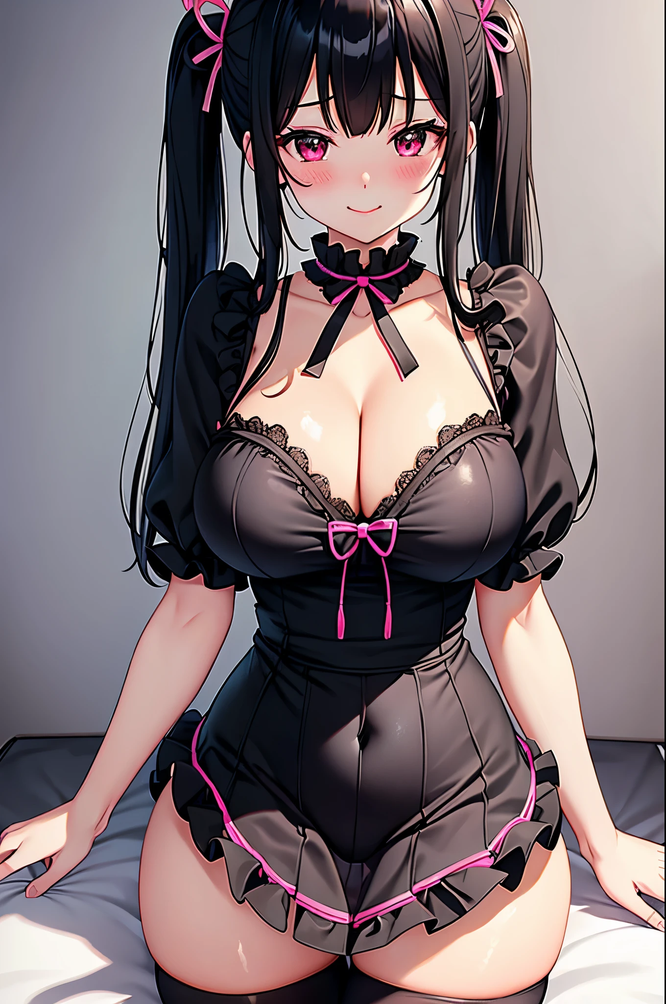 In 8K、highest quality、In town、with a girl、black haired、twin tails、big pink ribbon、delicate face、smile、red eyes、blushing face、Pink blouse with plenty of frills、Plaid black kirt flips up、beautiful feet、striped lace tights、black platform pumps、seductive thighs、big breasts:1.8、big ass:5.5、big breasts、cleavage、 thin waist、beautiful waist、shiny skin、Perspective from above、black panties with holes、