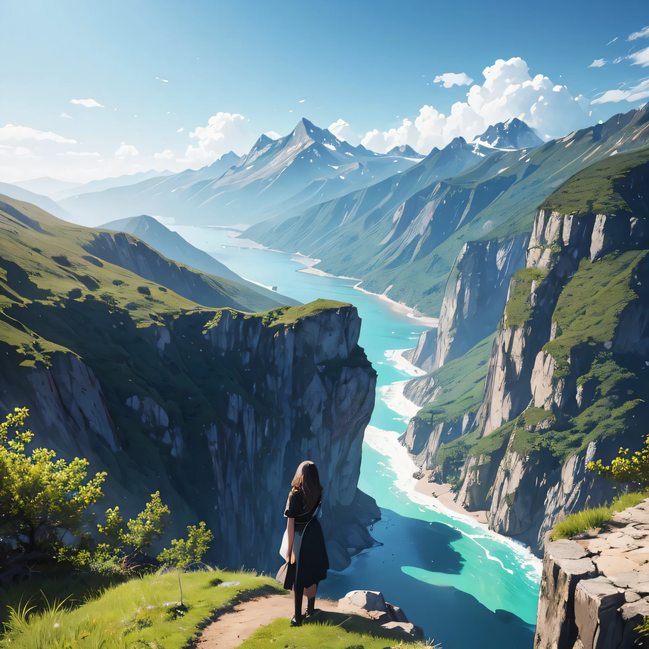 1 girl with black gress, tree, mountain, sea, water,