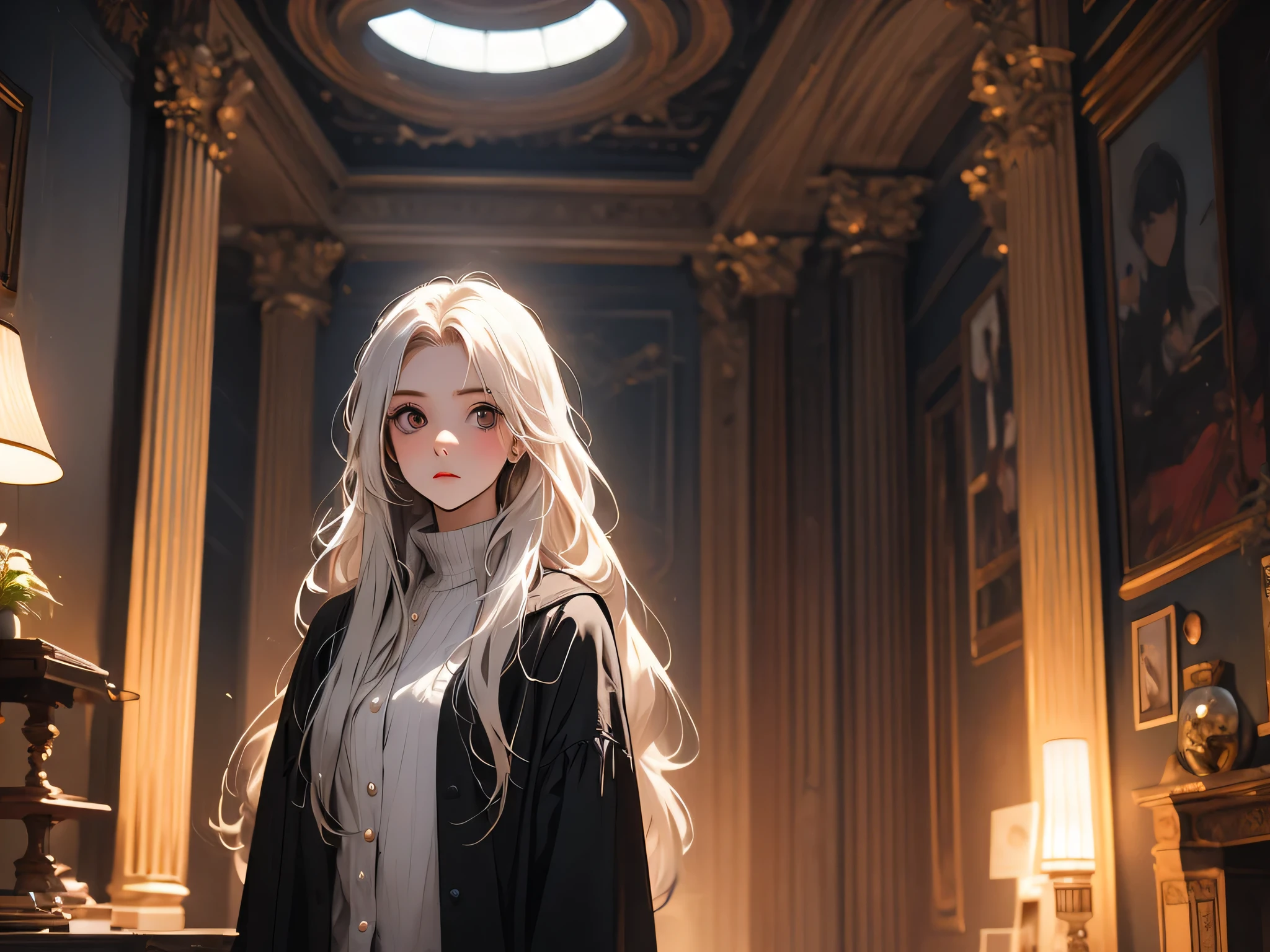 1 girl(1.5),25 year old girl(1.2),long hair(White hair),big eyes,scared,standing,Upper body(1.2),living room