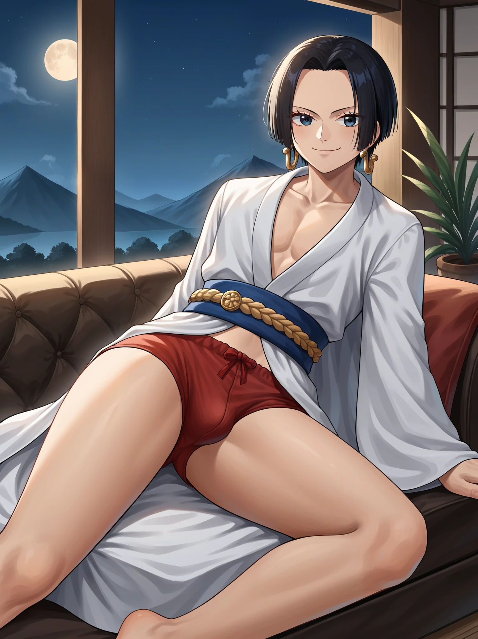 source_anime,score_9,score_8_up, score_7_up, 1boy,solo,outdoors,one piece, boa hancock, couch, indoors, seductive, face closeup, ((closed mouth)), smirk, thighs, long shot, balcony, mountain and riverbackground, fancy, white couch, laying, leaning, front view, red underwear, shorts with rope outline, white robe, genderswap, genderbend, bulge, genderbend ftm, ftm, short hair, femboy, Japanese rope underwear, , young, very young, aged down, lole, tiny, night time, smug, smirk, night, after dark
