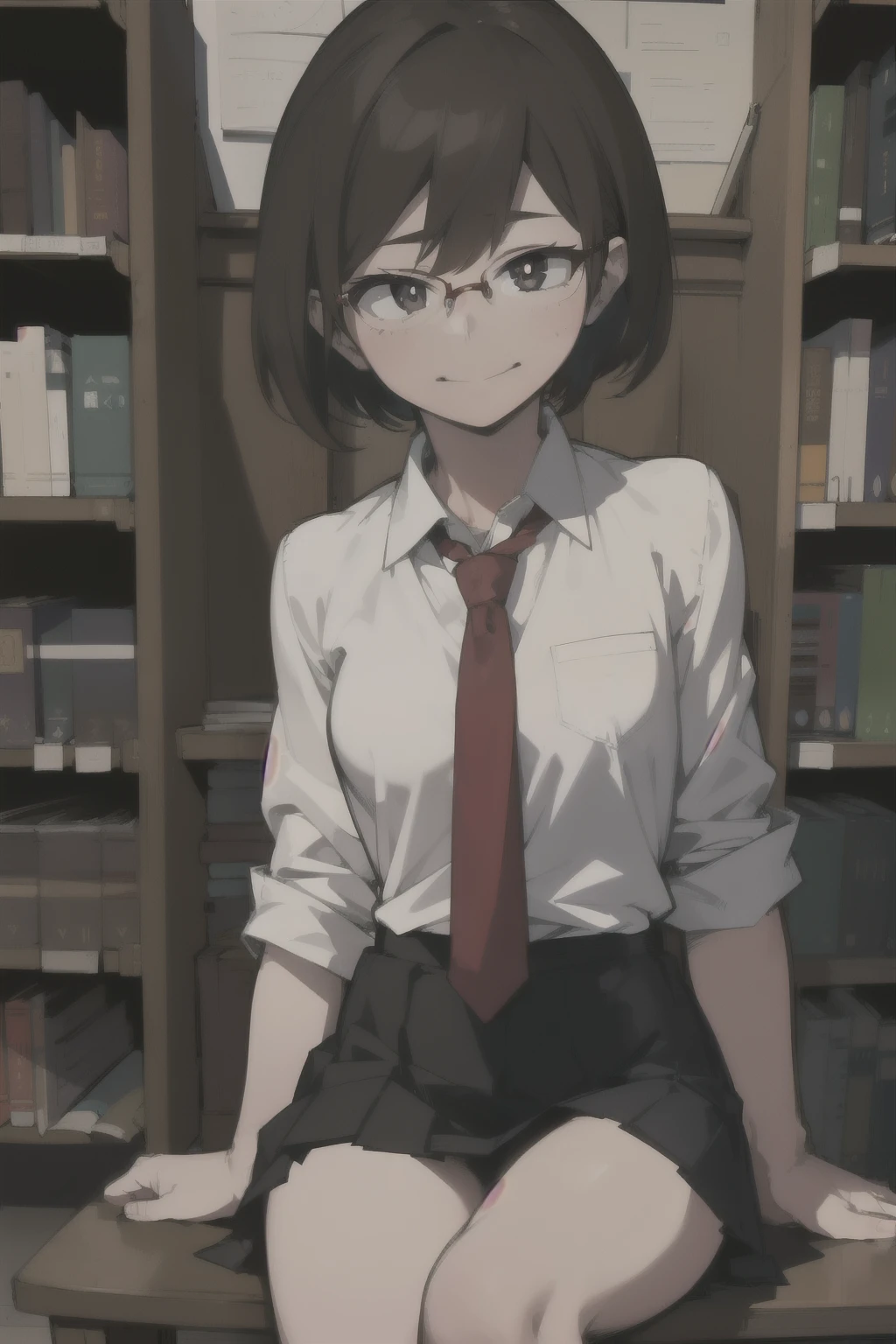 { masterpiece : best quality : high resolution : unity 8k wallpaper : illustration } { nsfw : hentai } { Background = library } { Nerd Teenager : dark brown short hair : glasses : perfect slender body : perfectly small shape breast : white collar shirt : black skirt : shy : shy smile : sitting : studying }