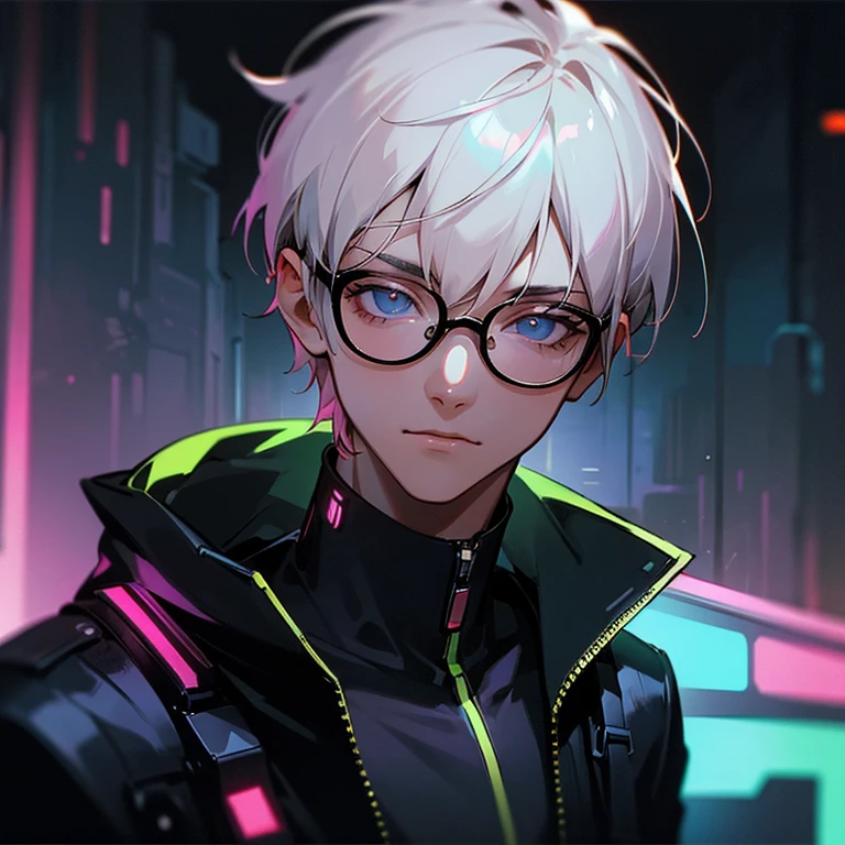 portrait of a cute young man with glasses in the year 2330, cyberpunk, neon lights, 35mm f/2.8