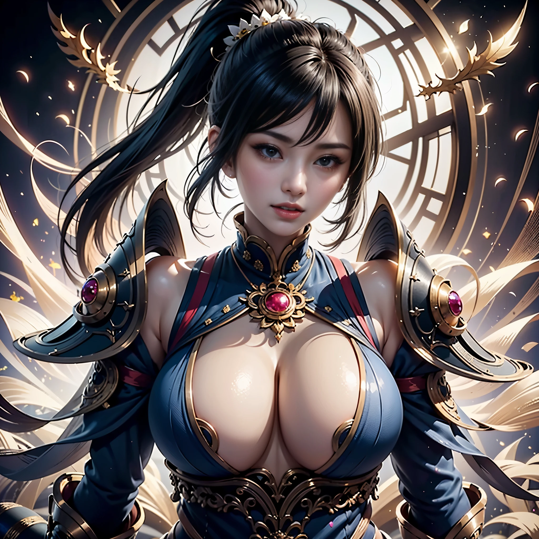 whole body,whole body展示,whole body像,(high quality), (masterpiece), (detailed), 8K, Surreal elastic futuristic depiction (1 Girl 1.2), high ponytail,Kanji wearing complex armor. Meticulous details reflect the fusion of tradition and innovation, Create visually stunning and powerful work. Popular topics on ArtStation,upper body shot,character-centered,from below,(((plump figure))),