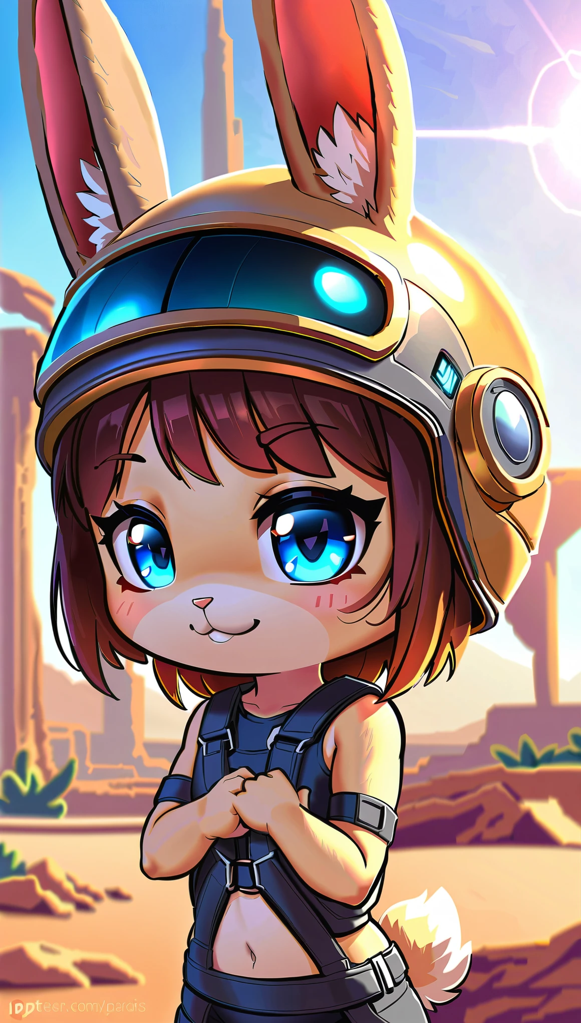 (highest quality, 4k, 8K, High resolution, masterpiece:1.2), Super detailed, Close-up of science fiction with a furry woman wearing a helmet, ((desert oasis, rich light changes)), Very complex and detailed expression, Fusion of ancient ruins and science fiction, Rabbit girl, cyberpunk fashion, high contrast, (((Expressing Chibi Kawaii:1.2))).
