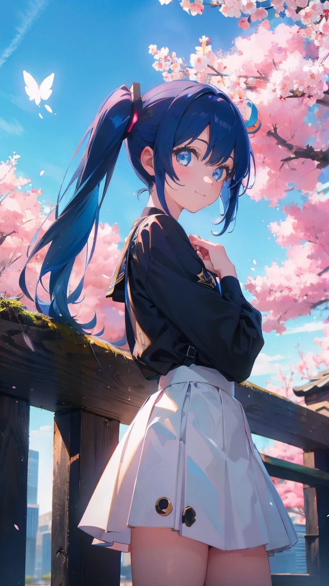 1 anime girl, alone,Black petals flutter, A mysteriously shining butterfly.city,bright blue hair,blue gem eyes,hatsune miku,twin tails,thin legs,very clear,highest quality,smile,close up of face,look at me,cherry blossoms,turn to the side,look up at the sky,blue sky,close your eyes