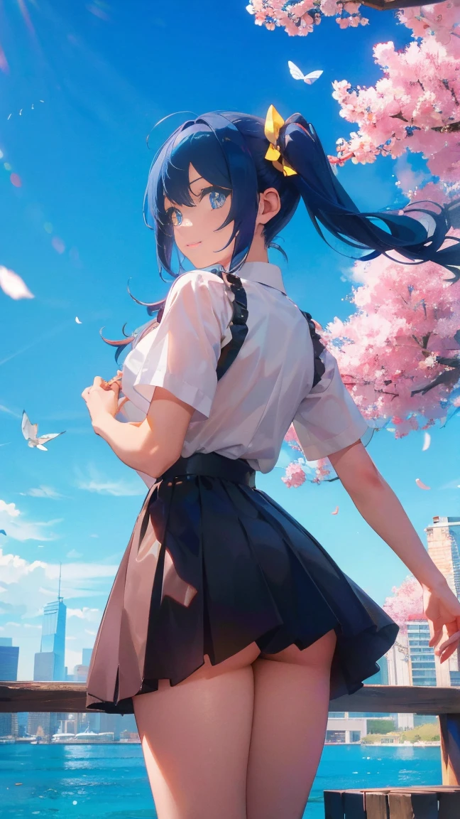 1 anime girl, alone,Black petals flutter, A mysteriously shining butterfly.city,bright blue hair,blue gem eyes,hatsune miku,twin tails,thin legs,very clear,highest quality,smile,close up of face,look at me,cherry blossoms,turn to the side,look up at the sky,blue sky,close your eyes