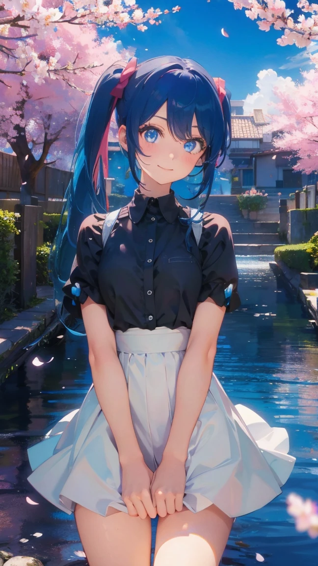 1 anime girl, alone,Black petals flutter, A mysteriously shining butterfly.city,bright blue hair,blue gem eyes,hatsune miku,twin tails,thin legs,very clear,highest quality,smile,close up of face,look at me,cherry blossoms,turn to the side,look up at the sky,blue sky,close your eyes