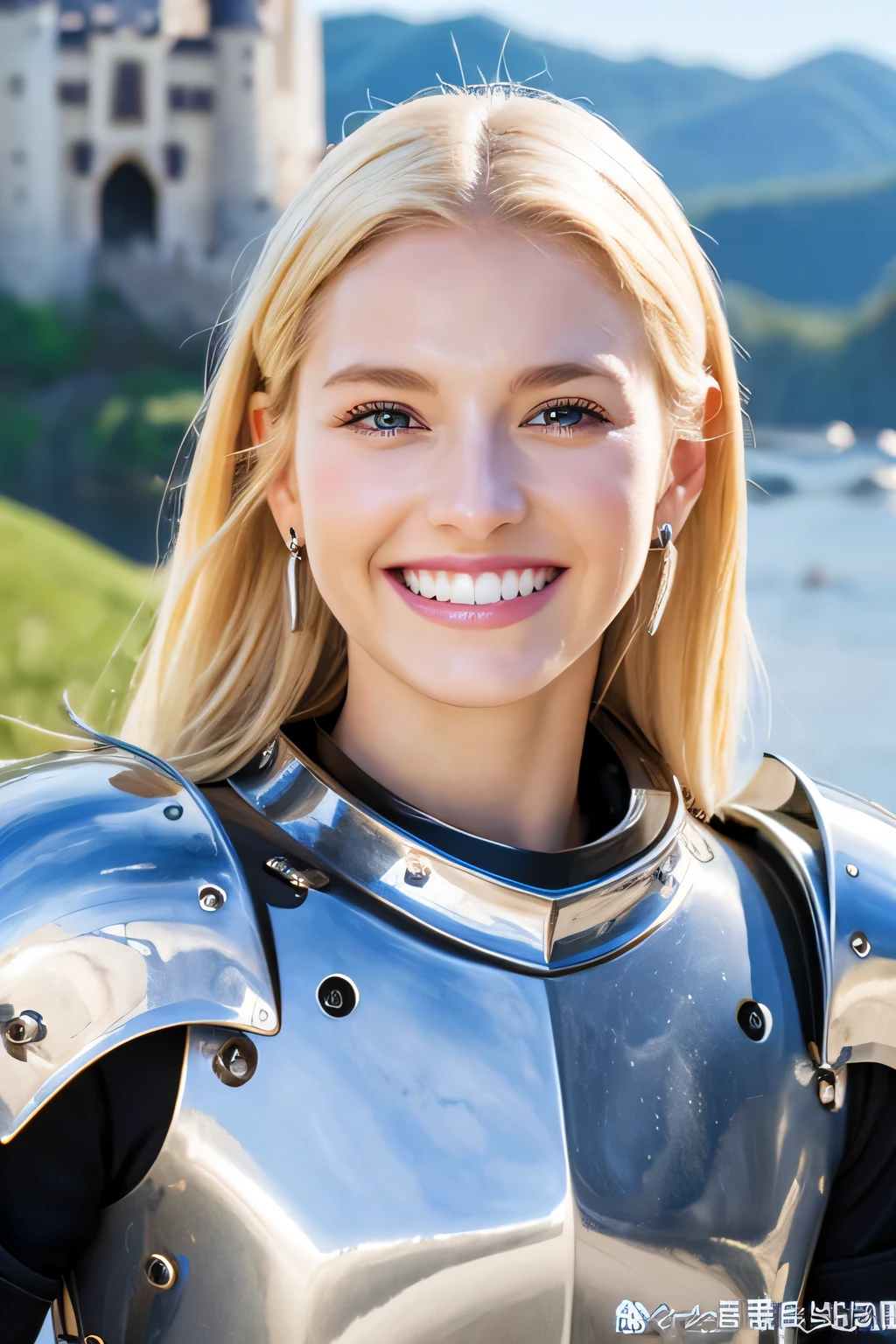 8K、highest quality、female knight、The background is a castle、Luxurious Silver Armor、heavy equipment、smile、beautiful teeth、full body photo、ear piercing、white woman、blonde、blue eyes、Gummy Smile