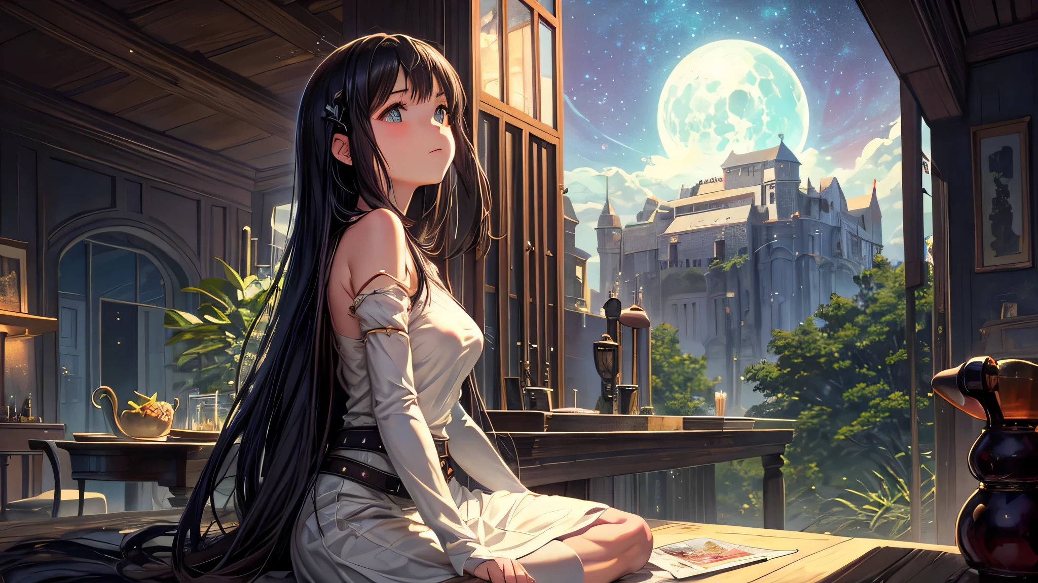 Singular light, alone, woman, cosmic, fantsy, looking away:1.4, adult, busty, Ghibli-like design, living room, sitting, dark hair, studying, face seen from the side, Completely sideways,landscape orientation, side view, bar