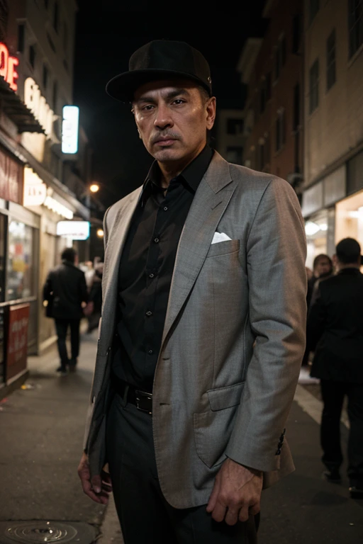 a man dressed like a mafia is standing watching savagely
