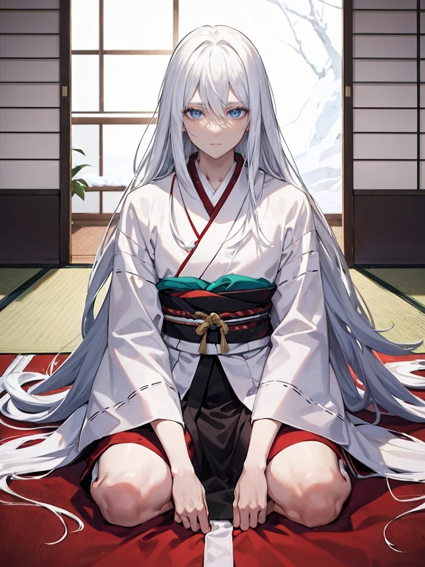 A 30-year-old man with hair as white as snow, sporting long, straight hair and dressed in a pristine white kimono, sits seiza-style in a plain Japanese room. His expression is devoid of emotion, with narrow, black eyes.