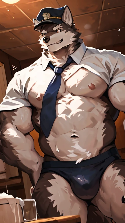 POV,top angle,sleep on stomach,lats,trapezius,butt lift,kemono, anthro (wolf), male, (wolf), muscular,back,brown back,brown body,white belly,sweat,((correct anatomy)), table, wearing police hat, wearing tie, black panties, underwear bulge, wearing white shirt, pain expression,canine tooth,hd, dark shadows, wide dynamic range, hdr, low light:1.2, front view, by null-ghost,by lindong, full body, canid, canine, canis, domestic dog, husky, mammal, nordic sled dog, fullbody, full res, smile, on table