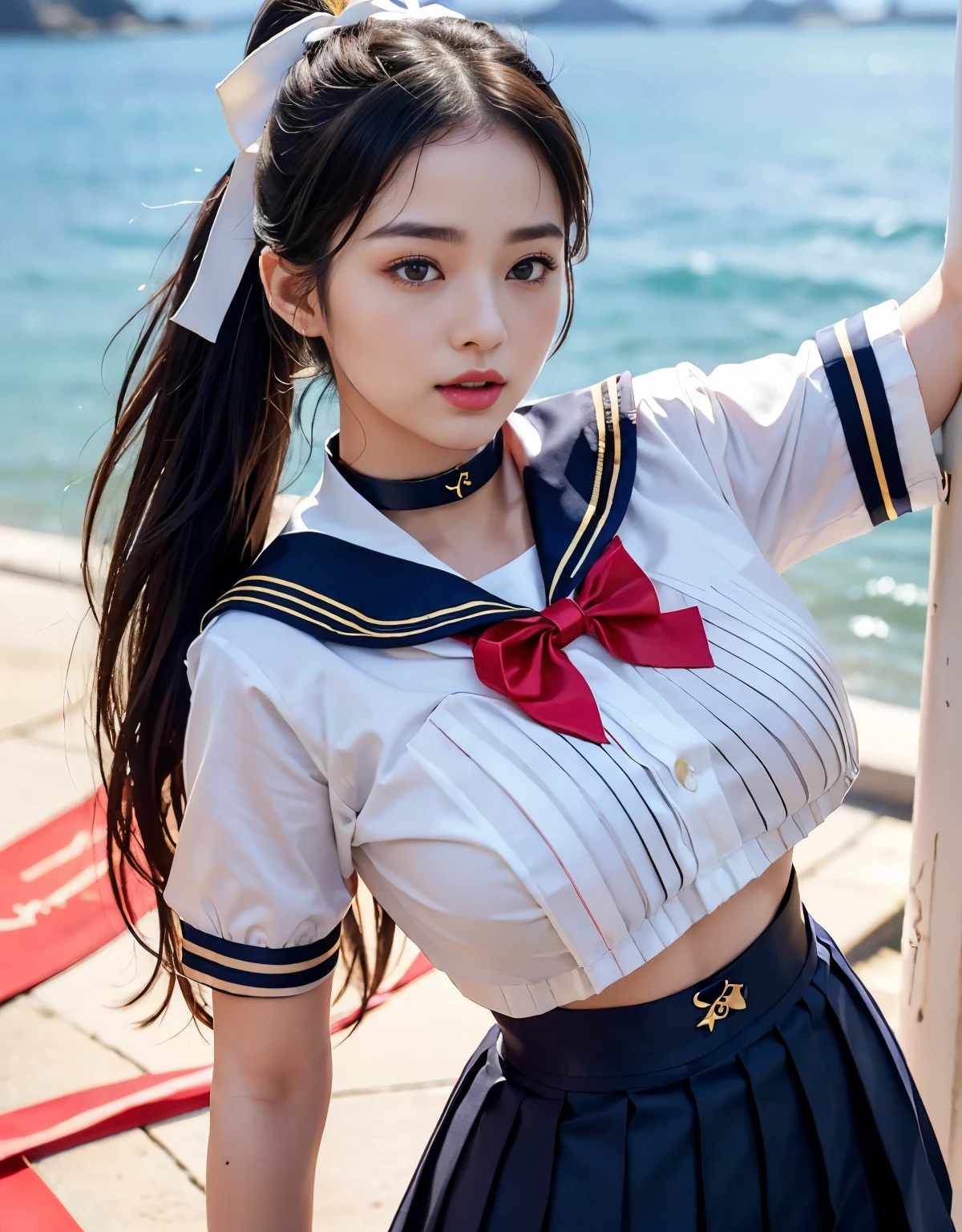(((very heavy chest))),NSFW, 16k raw photos, highest quality, masterpiece, ultra high resolution, ((She is wearing Beautiful exposed redShe is wearing (a high school sailor uniform).
(navy sailor collar:1.4),(white shirt:1.4),(navy pleats skirt:1.4),(navy bow:1.4))).movie, 1 girl,((attractive expression)),eyes shine、 looking at the viewer, natural skin texture very heavy chest))),((( metal black ribbon around the neck))).star handle mold、((yellow eyes)),Realistic eye and face details, lip whole, lipstick makeup), fluffy ponytail hair, laughter, Beautiful feet, tall woman, ((glowing skin)),((Beautiful armpit)), slim_feet, huge breasts, cleavage, beautiful natural places, beautiful flower garden、(detailed background,highly exposed, huge breasts, blurred background,, JK ribbon on the neck, jk ribbon, golden hair, bracelet, water, bangs, split your lips、armpit、beautiful hip line、glowing skin、(((eyes shine brightly))),lotion skin、High leg、((black hair)),highly exposed、Skimpy pink luxury fur coat、beautiful sea background、wind effect、