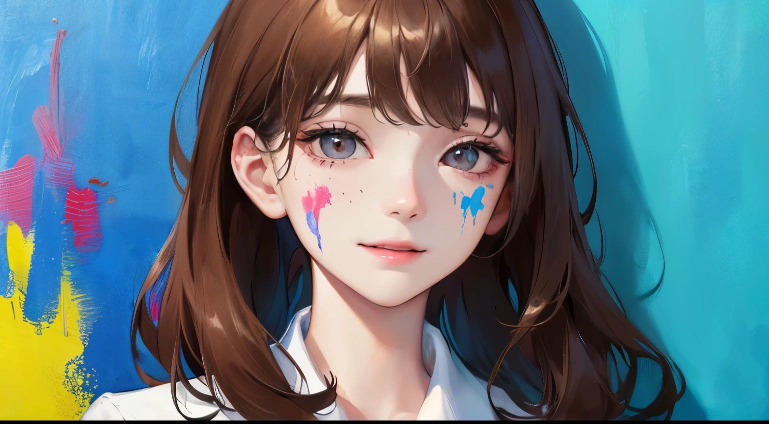 (((one girl)))、Masterpiece,best quality, (((Colorful paint on the wall))), (((face with paint、Clothes)))、determined expression, upper body diagram、((Smile))、White shirt with paint stains、 (highest resolution、clear_image)、best quality、contrast of light and shadow、((illumination))、very detailed、semi-realistic、Perm hairstyle、brown hair、bangs、19 years old、outdoor、 Lady,,young、((View from top))、delicate facial features facial features
