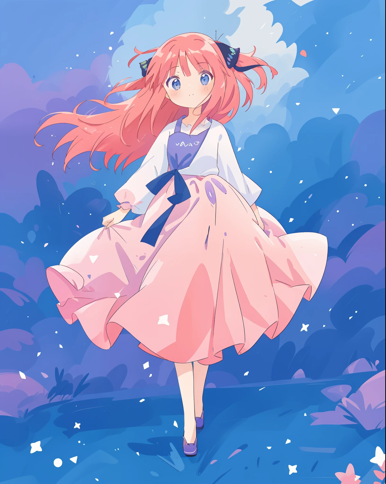 beautiful girl, gradient blue pink and purple ballgown, flowing pink red hair, otherworldly purples blues and greens landscape background, watercolor illustration, disney art style, glowing aura around her, flowing glowing hair, glowing flowing hair, fantasia otherworldly landscape, beautiful, masterpiece, best quality, nino nakano, hair ribbons, long pink silky hair, blue eyes