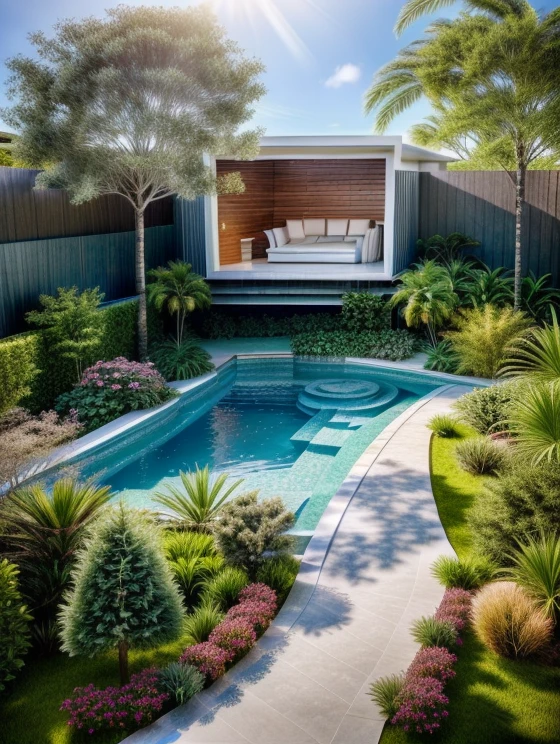 (masterpiece),(high quality), best quality, real,(realistic), super detailed,(full detail),(4k),8k,modern house exterior design,Modern architecture,white_house,Beautiful_sky,sunrise_light,(gentle light),((no_strong_contrast)), no_humans, outdoors,sky,((Tropical_trees)),Coconut_trees,Palm trees,Pool and Garden_flower_front_of_building,pool villa,(strong interior light),