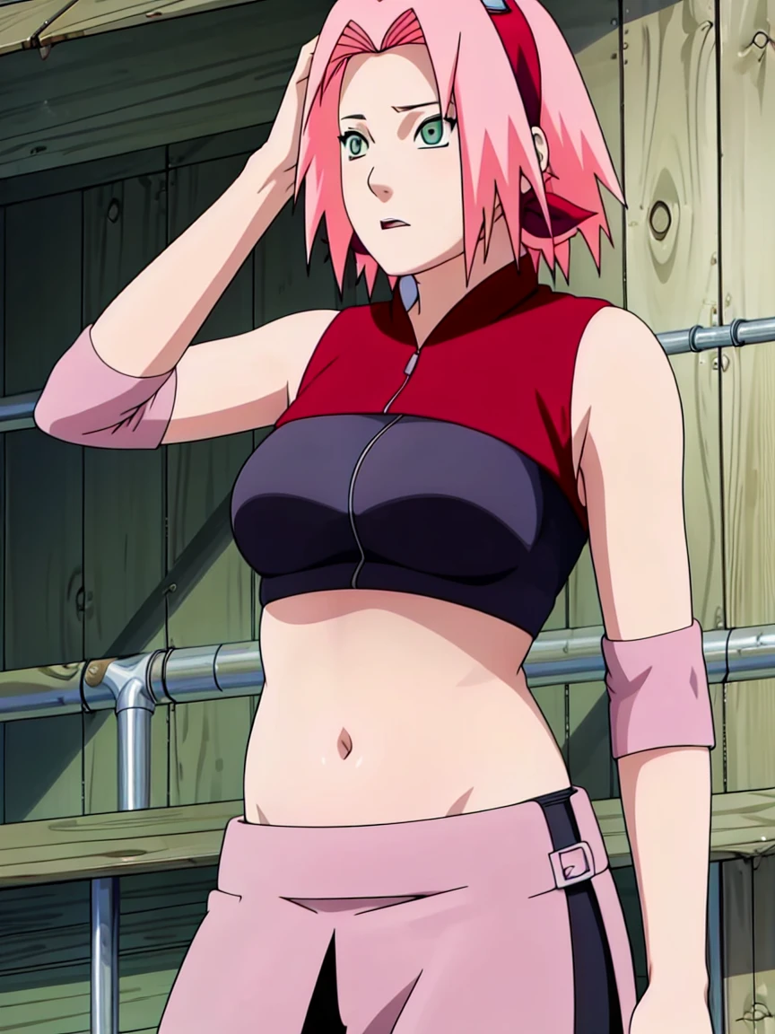 Sakura haruno,(((showing belly by lifting her top))),((belly visible))),sexy,(((((wearing bra))))),(sexy armpits), front view 