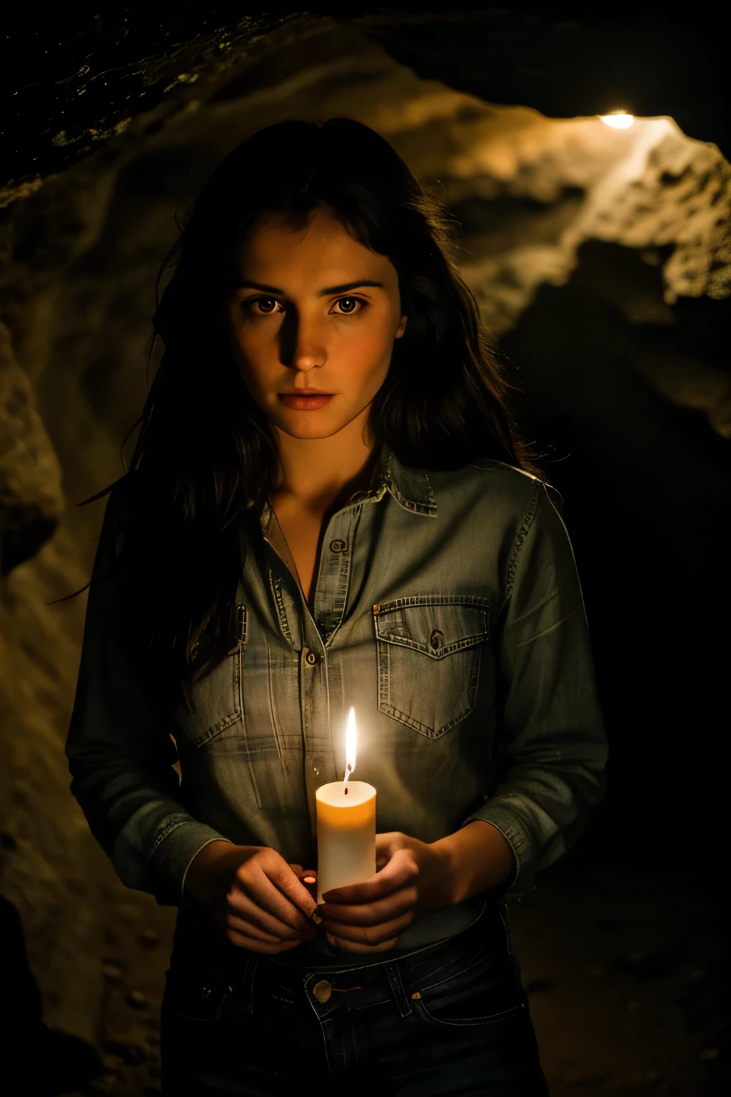 ukrainian women pictures, (troubled expression), rough skin, I get goosebumps, dark brown hair, Plaid flannel shirt and distressed boyfriend jeans, cowboy shot, A dark and mysterious cave with unique rock formations and hidden wonders, perfect eyes, (candle light,chiaroscuro), 160 color holder, Taken with ARRI ALEXA 65, Bokeh, sharply focus on the subject, Shot by Don McCullin