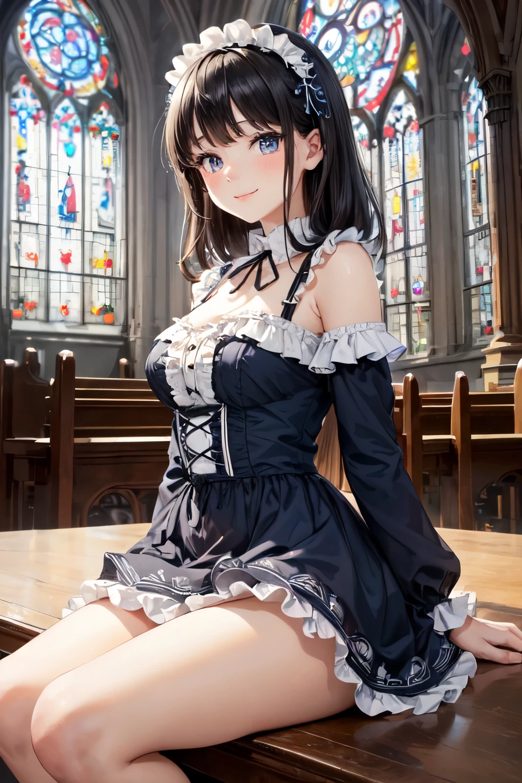 very cute and beautiful girl,(highly detailed beautiful face and eyes), (smile),blush,black hair,looking at viewer,(floral pattern blue lolita dress with detailed frills),detailed lace, sitting,(spread legs),arms behind back,(white panties), altar,church,indoors, (best quality,masterpiece:1.0),absurdres,highres,ultra-detailed,extremely detailed,32k,8k resolution, intricate details,cinematic scene,detailed background,solo,dynamic angle,