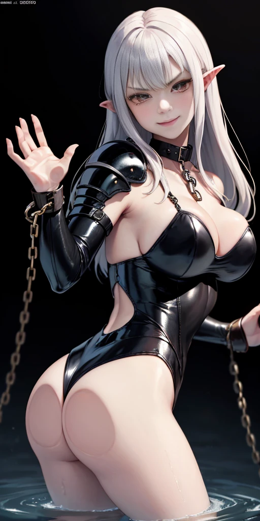 1990s style, dark fantasy anime illustration of a (mature MILF BIMBO Dark Elf with grey skin and short white hair), (UPPER BODY) perfect face, wearing tight leather stealth armor, stalking her victim at DAYLIGHT, ambient light, dark and moody, retro style, BIG KNOCKERS CLEAVAGE, lustful smirking smile red blush red cheeks, chain leash, kneeling, shackles, leather black collar slave, ((BLACK background)) hands on glass breasts on glass ass on glass window fog water drop