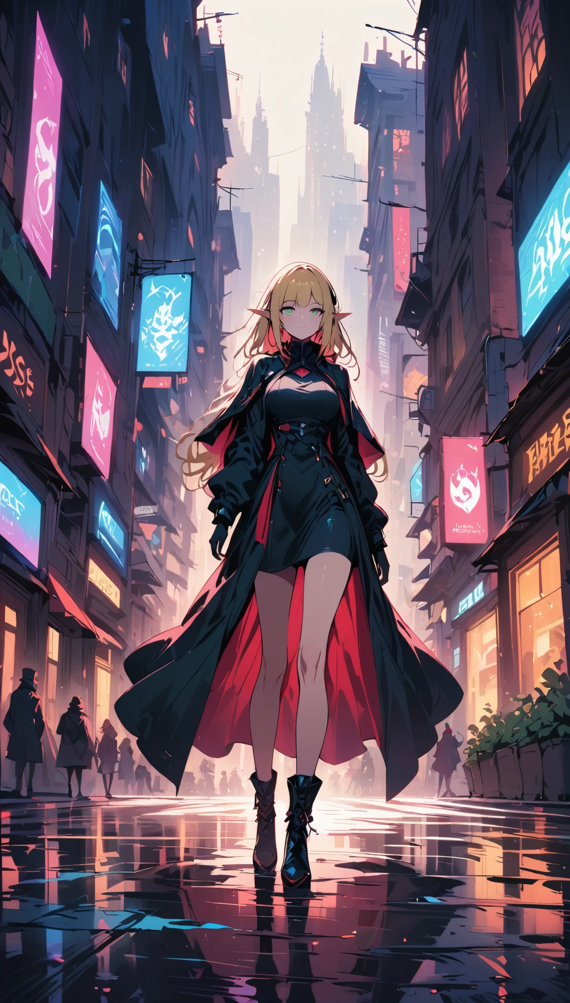 masterpiece, best quality, 1 female, alone, medium blonde, Vibrant green eyes, looking at the audience, cape, High quality metal texture, coat, Keep your mouth shut, Bangs, Boss, fantasy aesthetics, standing on the street, Very detailed, shadow poetry style, Executor Outfit, elf ears, fixed hand