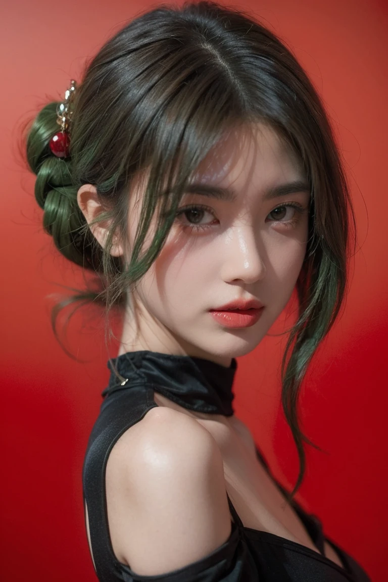 21yo girl, green hair, red background,
