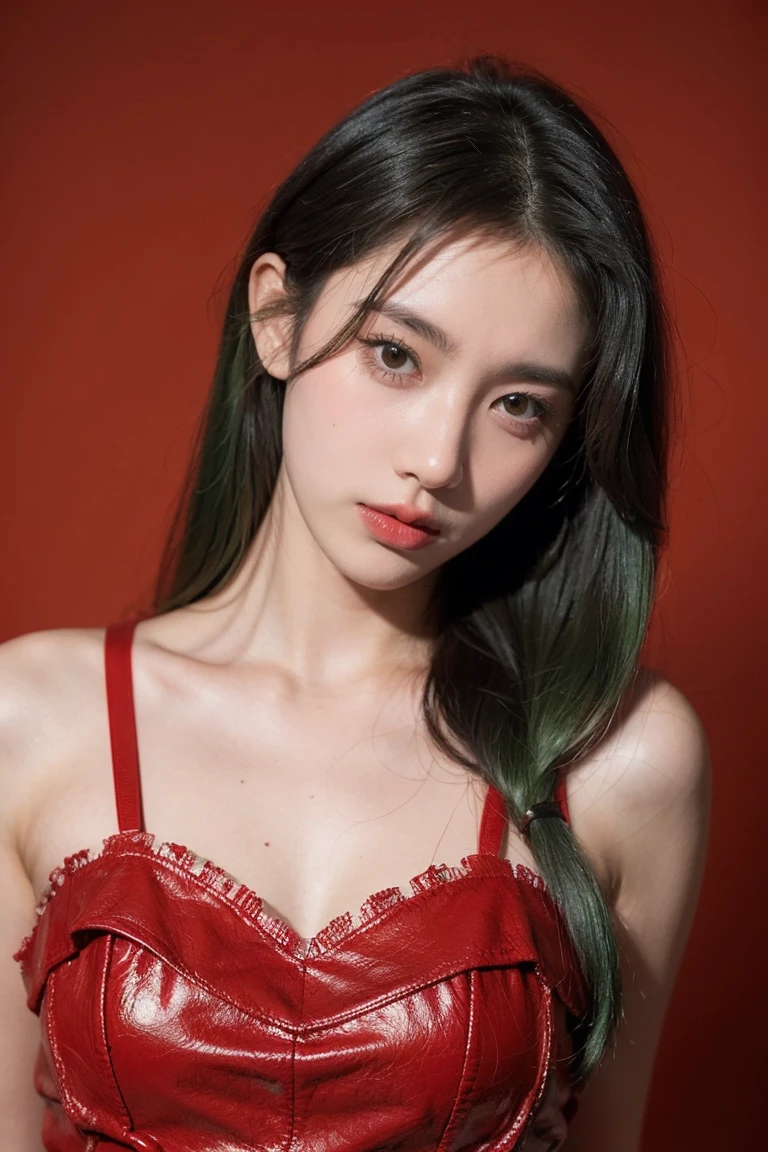 21yo girl, green hair, red background,