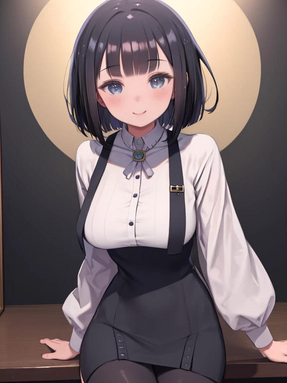 masterpiece, highest quality、Medium wide shot、cowboy shot、 1 Mature busty woman、black haired woman、3:1Split bangs、bob hair、white shirt、high waist jumper skirt、black stockings、smiling、