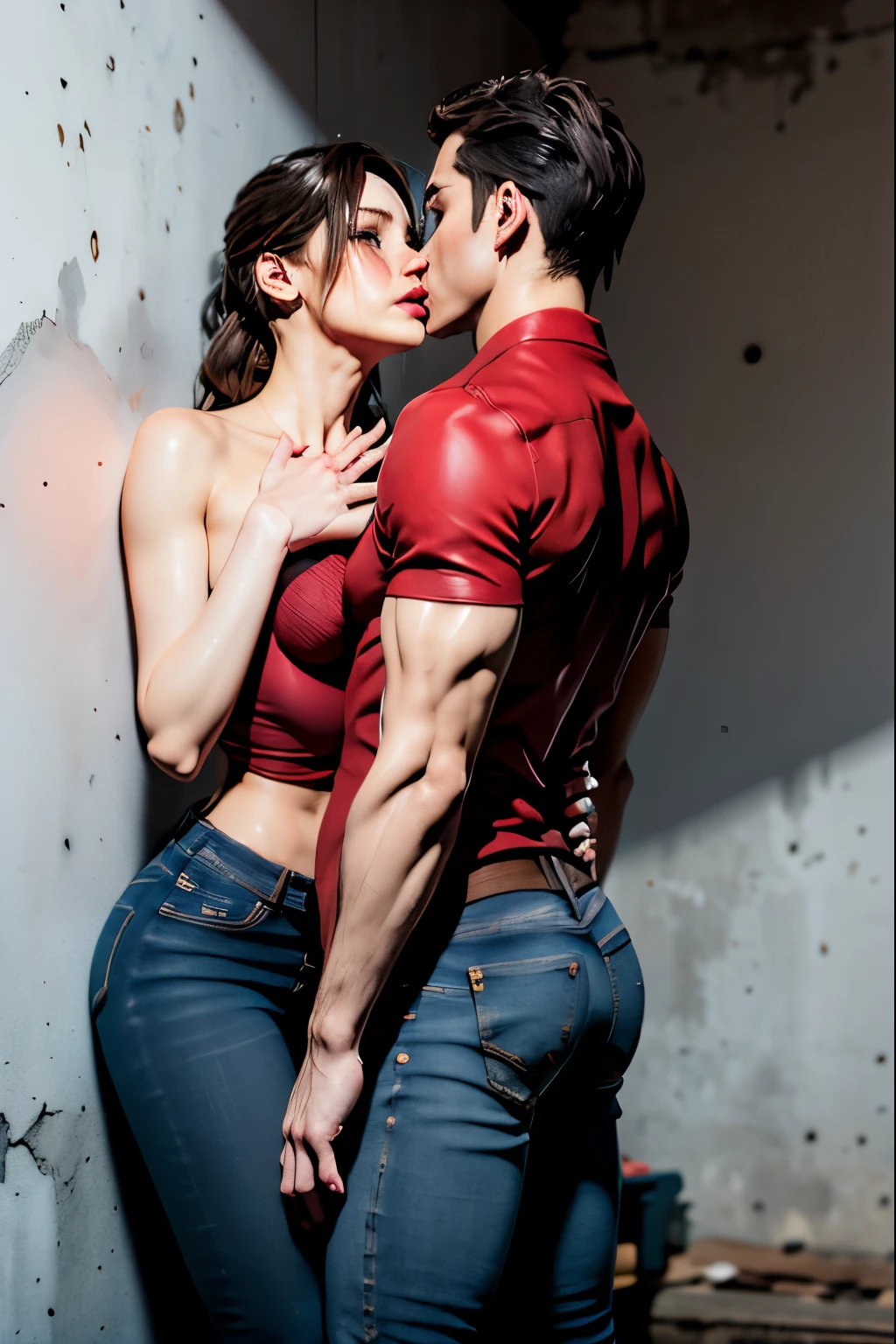 (masterpiece, best quality), 1girl and 1 man, claireredfield2, wear jeans, kiss the man , girl back, the man is pressing girl against the wall