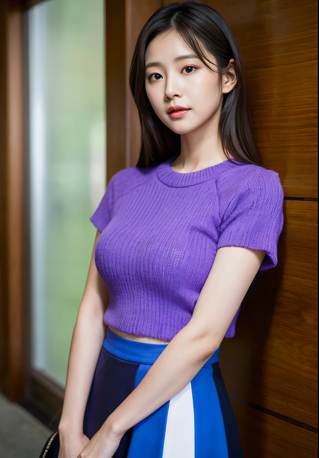 a close up of a woman in a purple top and blue skirt, korean girl, beautiful south korean woman, gorgeous young korean woman, tzuyu from twice, beautiful young korean woman, korean woman, jaeyeon nam, korean women's fashion model, jinyoung shin, portrait of female korean idol, korean idol, heonhwa choe, hwang se - on