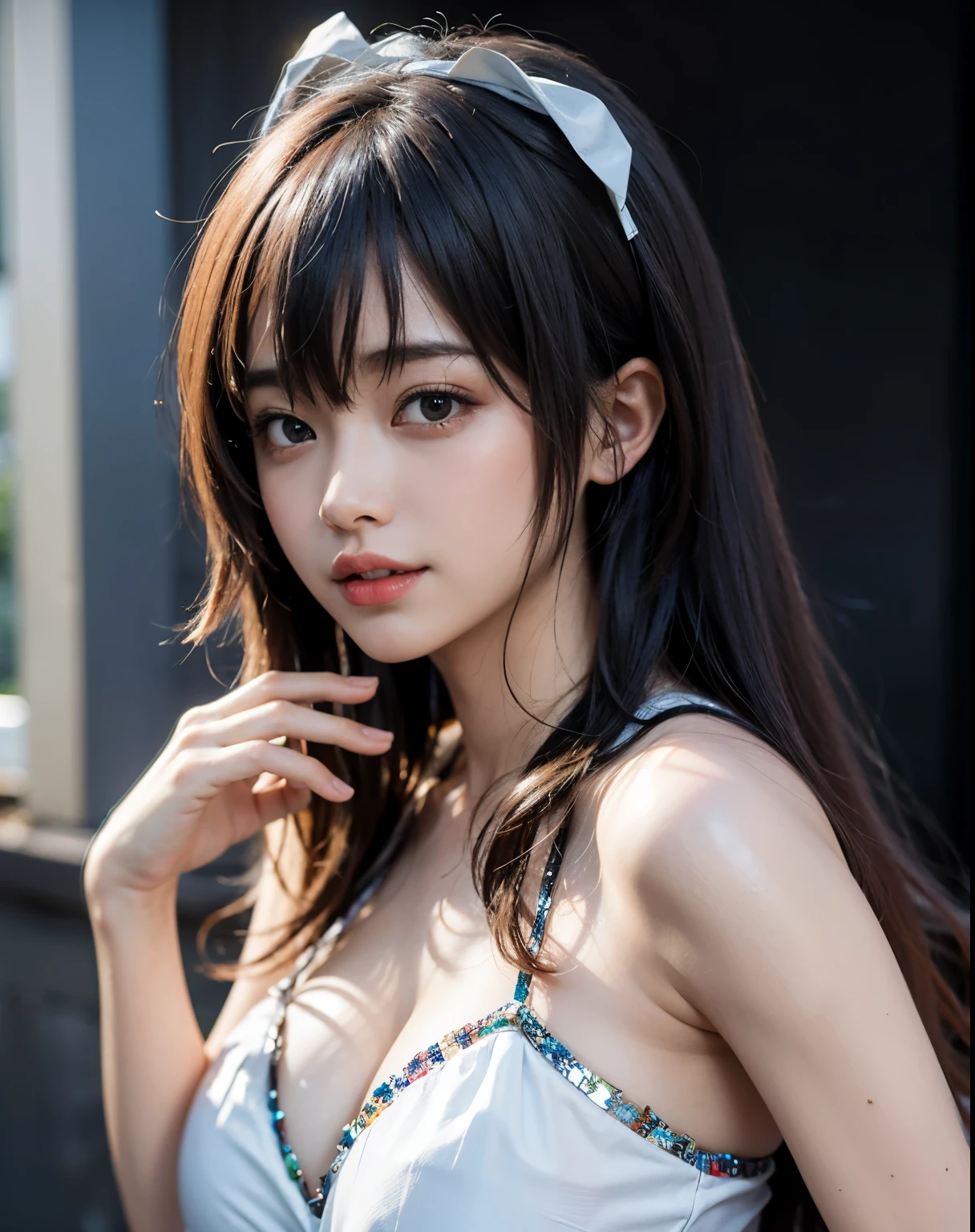 Adorable, Japanese 14 year old girl,  (Frilled neckband:1) , Cleavage, close_Upward facing face, upper_body ,Twin tails  , , (High color saturation,Catchlight:1.0),  (Highly detailed skin), (Highest quality:1.0), (Ultra-high resolution:1.0) ,(Like the picture:1.0), (Ultra-detailed:1.0), (8k, RAW Photos:1.1)、Tight white leotard、身bodyのラインが丸見え、Erotic look、Protruding nipples、Ultra HD、To a very tight leotard