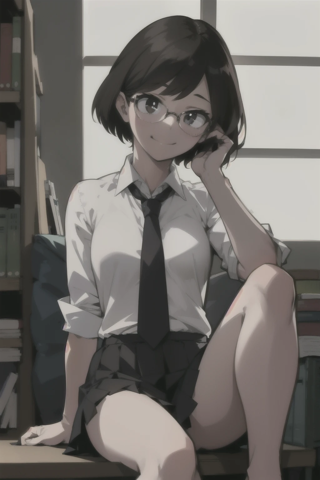 { masterpiece : best quality : high resolution : unity 8k wallpaper : illustration } { Background = library } { Nerd female ager : dark brown short hair : glasses : perfect slender body : perfectly small shape breast : white collar shirt : black skirt : shy : shy smile : sitting : studying }