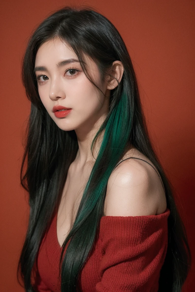 21yo girl, green hair, red background,