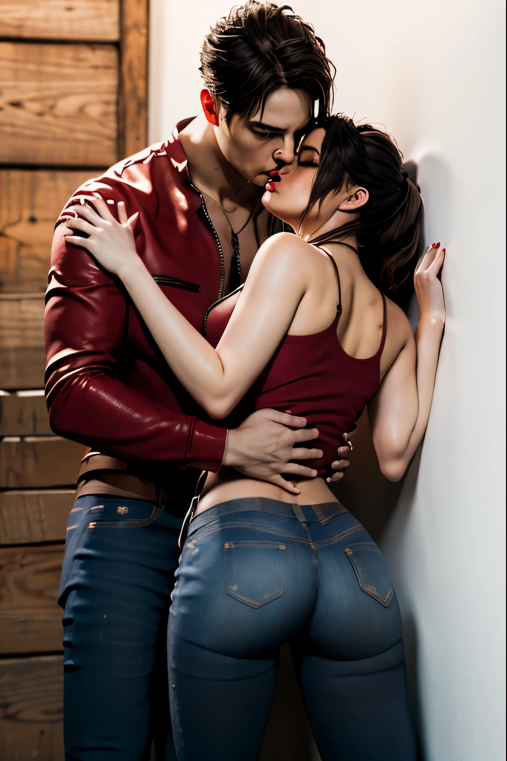 (masterpiece, best quality), 1girl and 1 man, claireredfield2, wear jeans, kiss the man , girl back, the man is pressing girl against the wall