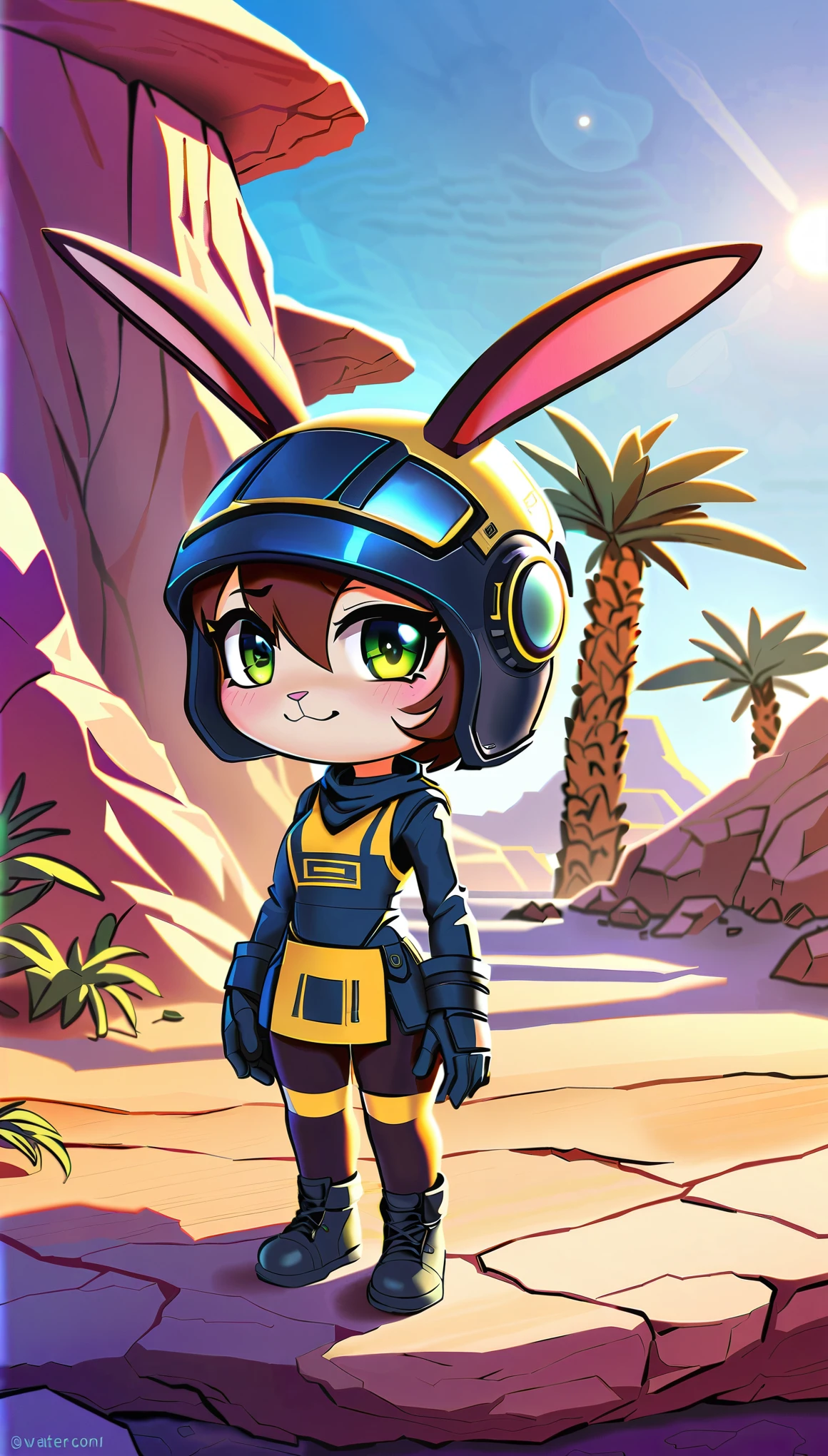(highest quality, 4k, 8K, High resolution, masterpiece:1.2), Super detailed, Close-up of science fiction with a furry woman wearing a helmet, ((desert oasis, rich light changes)), Very complex and detailed expression, Fusion of ancient ruins and science fiction, Rabbit girl, cyberpunk fashion, high contrast, (((Expressing Chibi Kawaii:1.2))).
