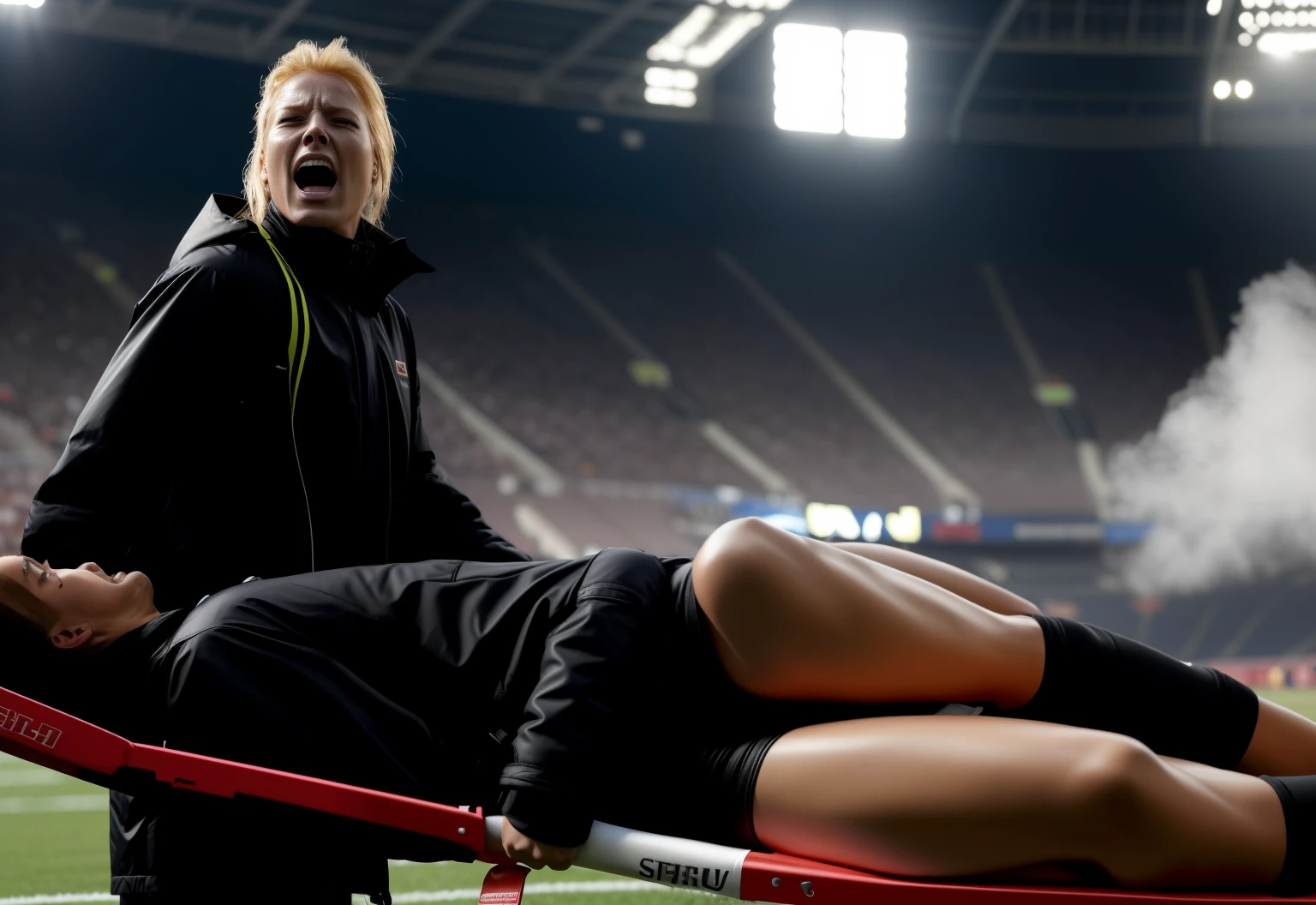 angry woman in shiny laquered down coat is carrying a stretcher, a young male soccer player in short sportswear is lying on his back on a stretcher, hyperralistic, very realistic, ultrarealistic photorealistic, pgoto, photoreal, a young woman is wearing a high shine black downcoat and is holding a stretcher inside a sports stadium, a young madeup blond woman in a high-shine padded coat sad and furious expression in her face, a sportsman is lying on a stretcher and has a very painful and suffering face, a young sportsman on a stretcher with a very painful expression in his face, dramatic action pose, sports accident, injury scene, theatralic pity pose, pity pityful, pain, a sportsman is lying on a stretcher and is crying in pain, a young madeup woman in a shiny coat is carrying a man on a stretcher inside a sports stadium, sports scene, stadium, very shiny vinyl quality on a woman's coat,  head of a lying man who is crying in pain, halfly covered by his arm and chest