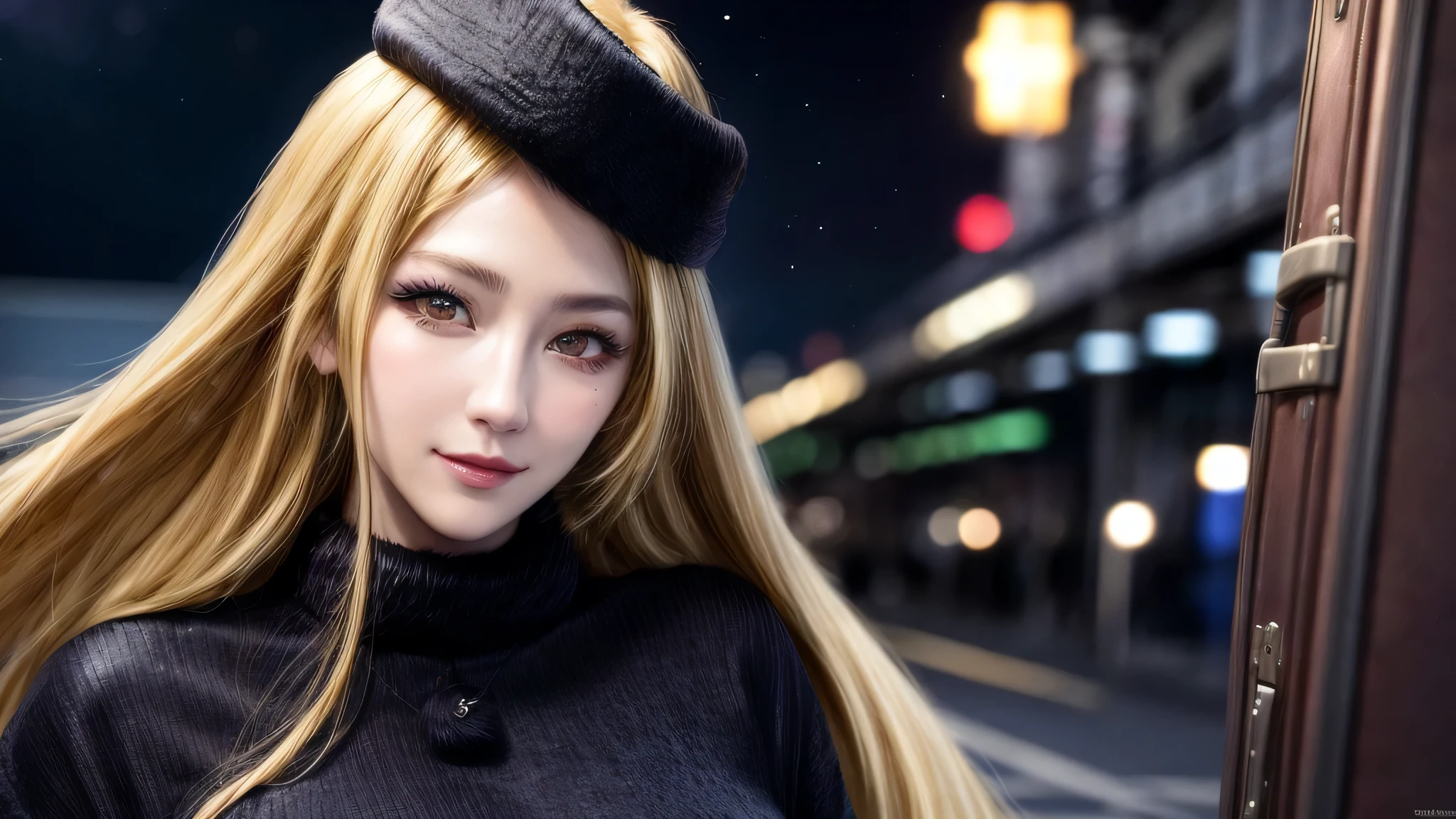 Material, long hair, blonde hair,fur trim, black hat, fur has, dress,(cowboy shot:1.1), yellow eyes, (luggage:1.1), vapor (station:1.1),station platform,  night, Milky Way,999 highest quality, very detailed, masterpiece, disorganized,8K,   (fine eyes, deep eyes),photorealistic, realistic,detailed skin texture, detailed pupil,HDR,1 female,(Happy:1.1),smile, (angular face:1.2),shiny face,big breasts, (tight waist:1.1), Lip Makeup,long eyelashes,perfect body,(Lie:1.3)