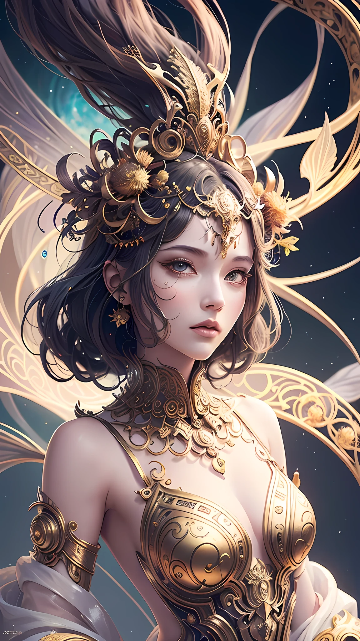 A girl wears a delicate metal headdress,(close up),Dress with golden floral decoration,colored hair,Exquisite facial features,cosmic eye,unique(best quality,Super detailed best illustrations、best shade、masterpiece、high resolution、professional artwork、famous artwork:1.2), Artem and James Jean, Ana DittmannAlberto Vargas, Anna Dittmann's style, beautiful retro art, A beautiful artistic illustration, Inspired by James Jean, james jenn and wop, James Jean Soft Light 4K, James Jean Soft Light 4K, Beautiful digital artwork
