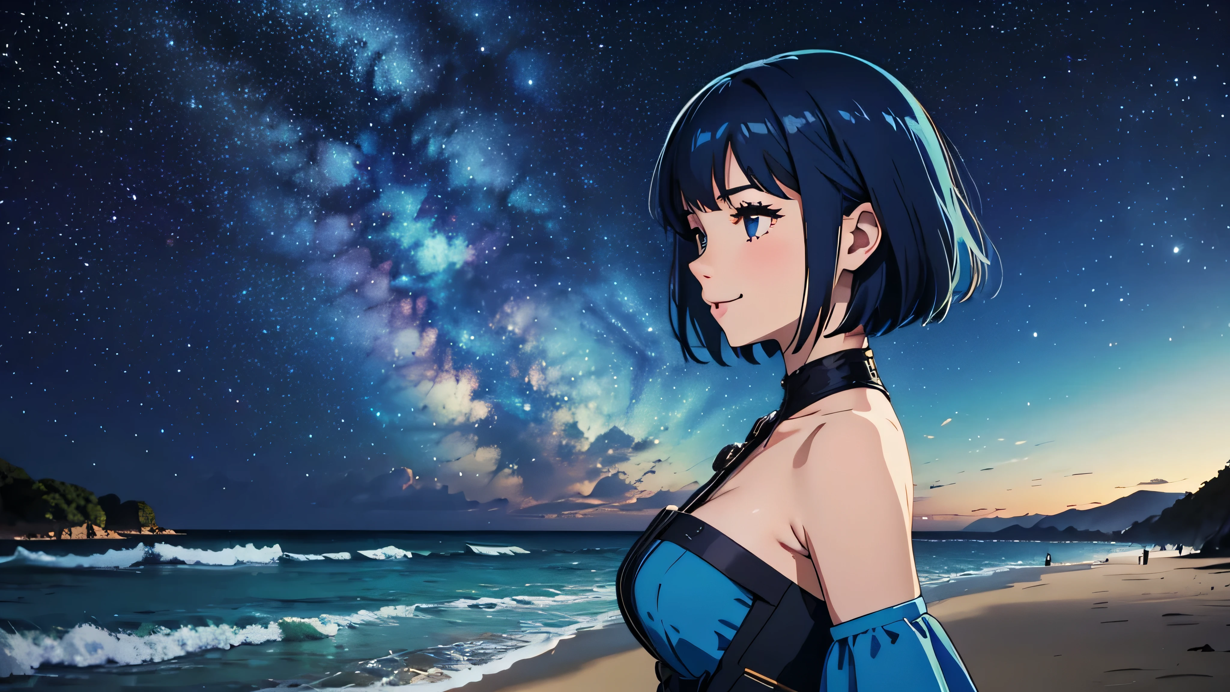 Create an image of a smiling girl with a short bob hairstyle, looking towards the sea from a sandy beach. The setting is nighttime with a starry sky above. She should be captured in a bust-up shot and in profile view. The girl is wearing a bright blue costume inspired by waves, and her hair is also bright blue to match. The overall atmosphere should be fantastical.