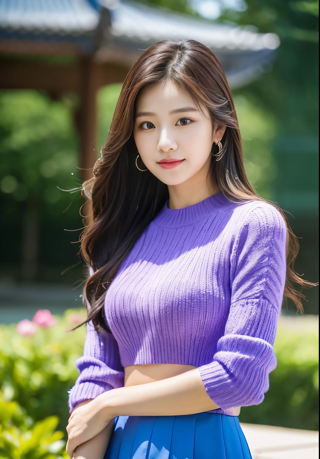 a close up of a woman in a purple top and blue skirt, korean girl, beautiful south korean woman, gorgeous young korean woman, tzuyu from twice, beautiful young korean woman, korean woman, jaeyeon nam, korean women's fashion model, jinyoung shin, portrait of female korean idol, korean idol, heonhwa choe, hwang se - on