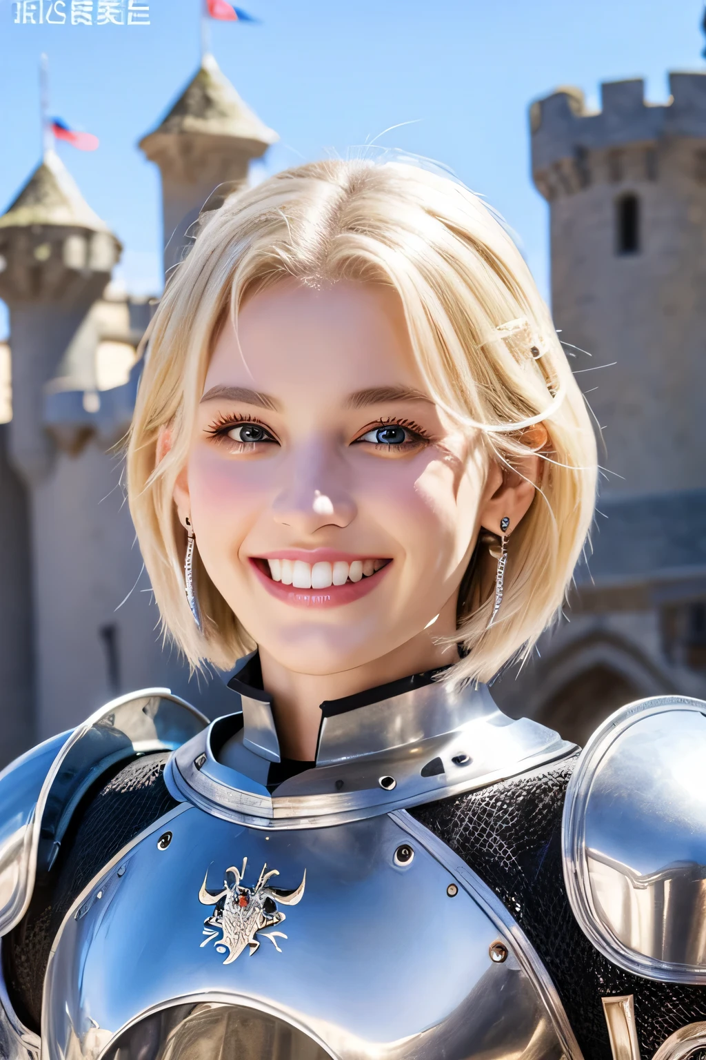 ８Ｋ、highest quality、female knight、The background is a castle、Luxurious Silver Armor、heavy equipment、hairstyle short cut、smile、beautiful teeth、full body photo、ear piercing、white woman、blonde、blue eyes、Gummy Smile、Dragon Helm


