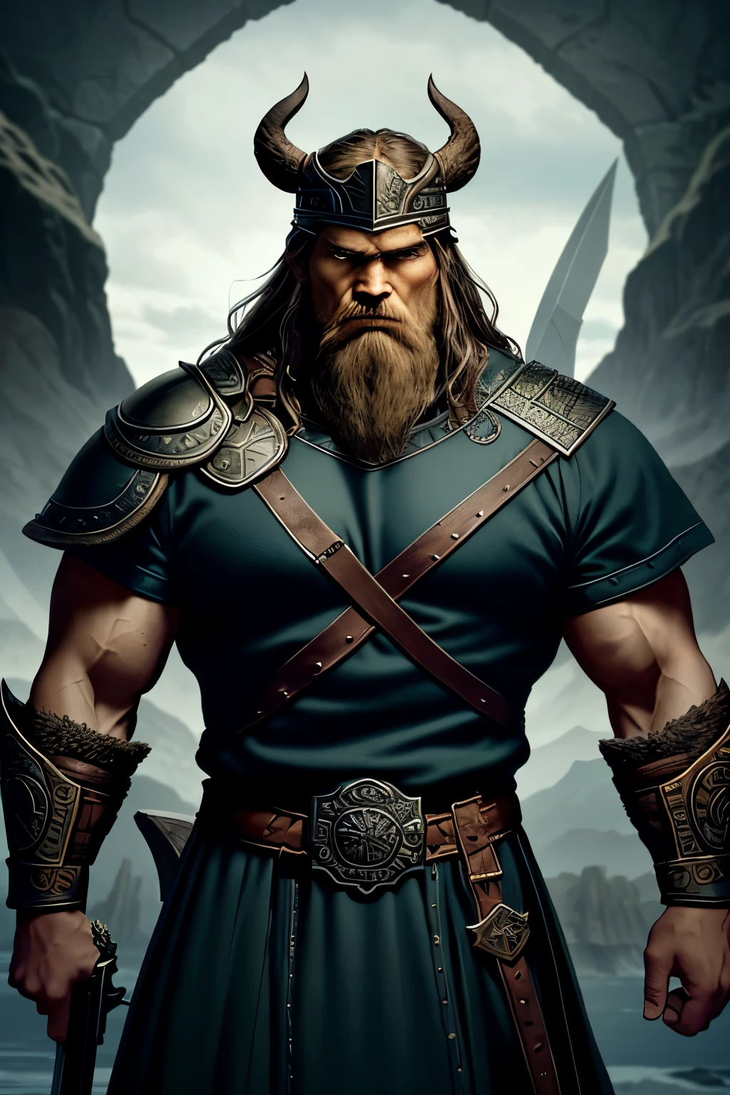 A formidable Viking man, sent by Odin himself, stands tall and proud with a sword in one hand and a shield in the other. His muscular frame is a testament to years of relentless training and battle, his aggression radiating in every fiber of his being. The intricately designed helm on his head reflects the craftsmanship and power of his Norse heritage. Hyper aggressive and determined, every detail of this man exudes raw strength and unyielding resolve.