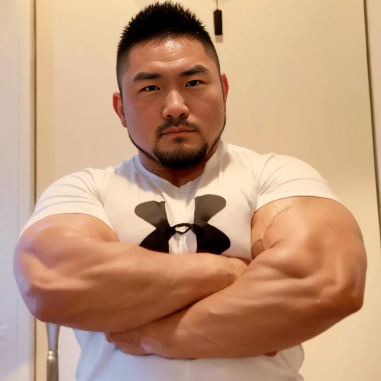 (at bedroom:1.2), 40's, Japanese man, Chinese man, Korean man, Taiwanese man, manly face, fat face, (round face:1.4), (monolid eyes:1.2), (buzz cut:1.4), very large and strong body, bulky body, beefy muscles, (bulging muscles:1.4), (very large pectoral muscles:1.4), (muscular arms:1.4), muscular abs, muscular legs, muscular back, brightens oily skin, master piece, (realistic:1.4), panorama, distant view