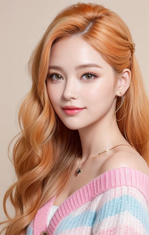 Portrait of a sweet casual look hairstyle for spring and summer, a close up of a realistic person with a cute face and a round cheeks, hair over one eye, orange and orange-yellow gradient hair color, long sideburns, layered shoulder length hair cascading down her shoulders, (Wavy hair:1.3), twintails, happy smile with showing theeth, Makeup with peach-pink lips, rosy checks, shiny eyeshadow, winged eyeliner, It creates a bright and fun appearance, colorful cleavage cutout sweater with heart print, off shoulder cropped red houndstooth cardigan:1.4, Piercing of hearts up to the shoulder, Layered bracelets, necklace
