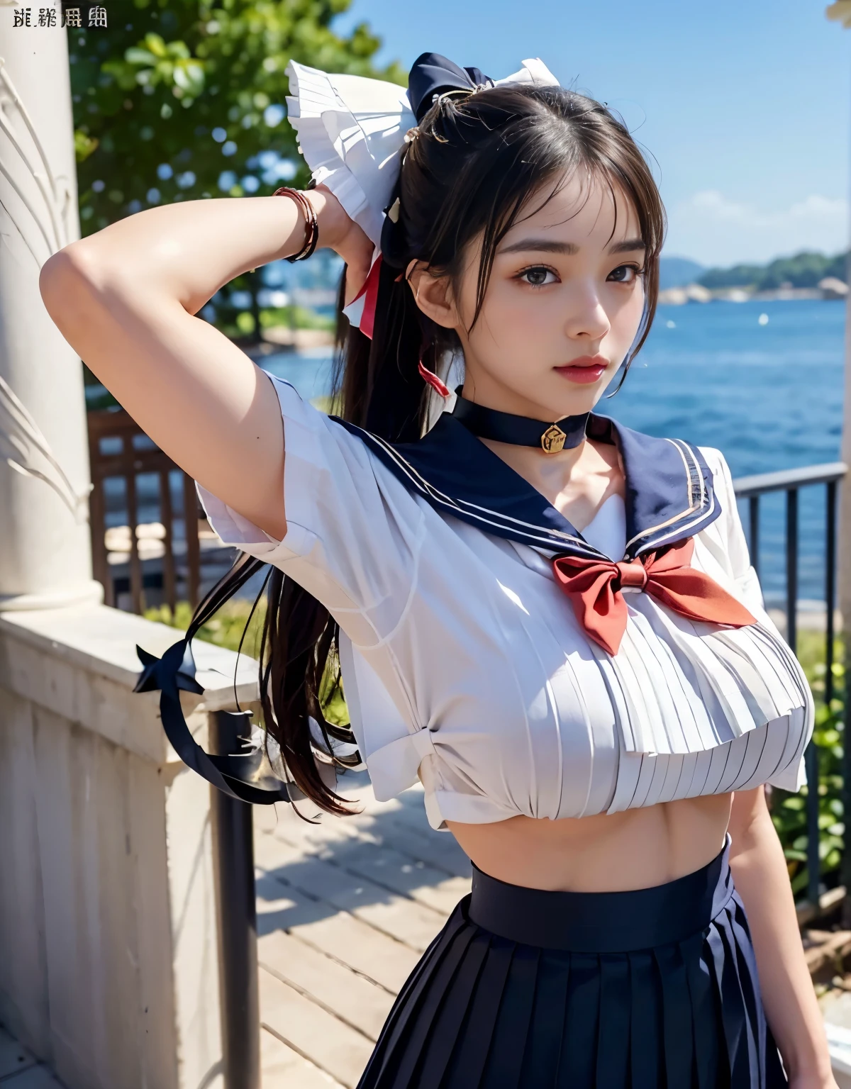 (((very heavy chest))),NSFW, 16k raw photos, highest quality, masterpiece, ultra high resolution, ((She is wearing Beautiful exposed redShe is wearing (a high school sailor uniform).
(navy sailor collar:1.4),(white shirt:1.4),(navy pleats skirt:1.4),(navy bow:1.4))).movie, 1 girl,((attractive expression)),eyes shine、 looking at the viewer, natural skin texture very heavy chest))),((( metal black ribbon around the neck))).star handle mold、((yellow eyes)),Realistic eye and face details, lip whole, lipstick makeup), fluffy ponytail hair, laughter, Beautiful feet, tall woman, ((glowing skin)),((Beautiful armpit)), slim_feet, huge breasts, cleavage, beautiful natural places, beautiful flower garden、(detailed background,highly exposed, huge breasts, blurred background,, JK ribbon on the neck, jk ribbon, golden hair, bracelet, water, bangs, split your lips、armpit、beautiful hip line、glowing skin、(((eyes shine brightly))),lotion skin、High leg、((black hair)),highly exposed、Skimpy pink luxury fur coat、beautiful sea background、wind effect、