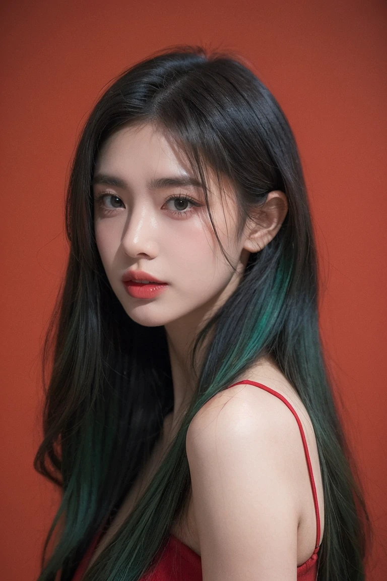 21yo girl, green hair, red background,
