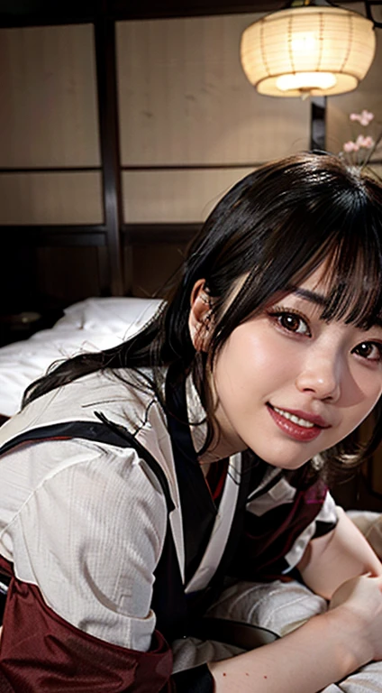 (highest quality, 8K, 32k, masterpiece, UHD:1.2),beautiful japanese women pictures, black haired, very short bob hair,beautiful face,(leaning forward:1.3),squat,Photoreal, (1 Ultimate beauty), highly detailed face, (perfect teeth), detailed eye, double eyelid, eyelash, grin and laugh, lip details, brunette bob, big breasts, light makeup, Japanese-style room at a ryokan、Inn work、Welcome customers、寝ているCat,Cat
