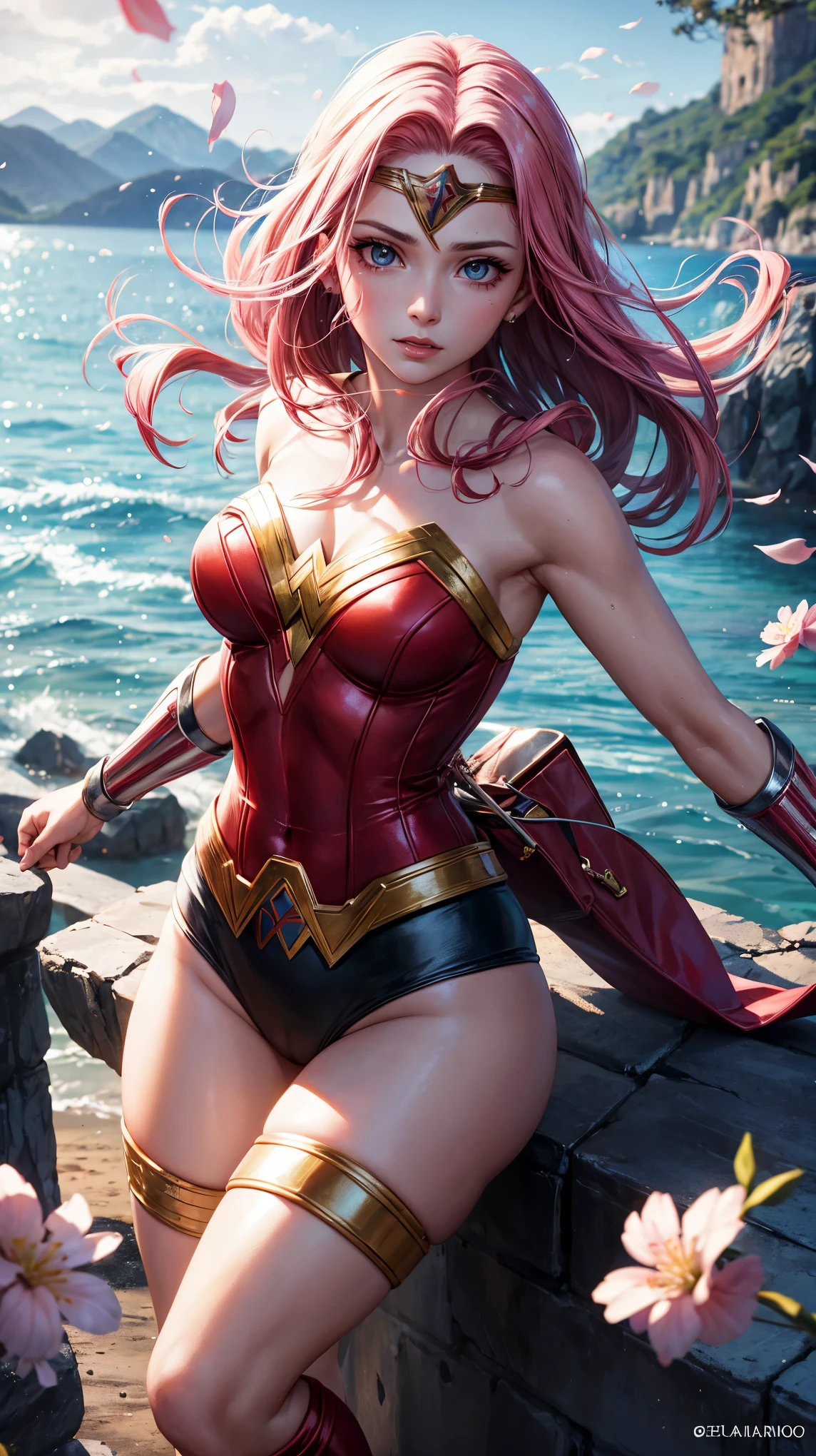 Sakura Haruno como Wonder Woman de longos cabelos rosa, DC Comics, extremamente realista,8K mais detalhado.motor irreal:1.4,Ultra HD,La Melhor qualidade:1.4, fotorrealista:1.4, textura da pele:1.4, Obra-prima:1.8,obra-prima, Melhor qualidade,objeto Objeto], (Recursos faciais detalhados:1.3),(manos detalhado:1.4)