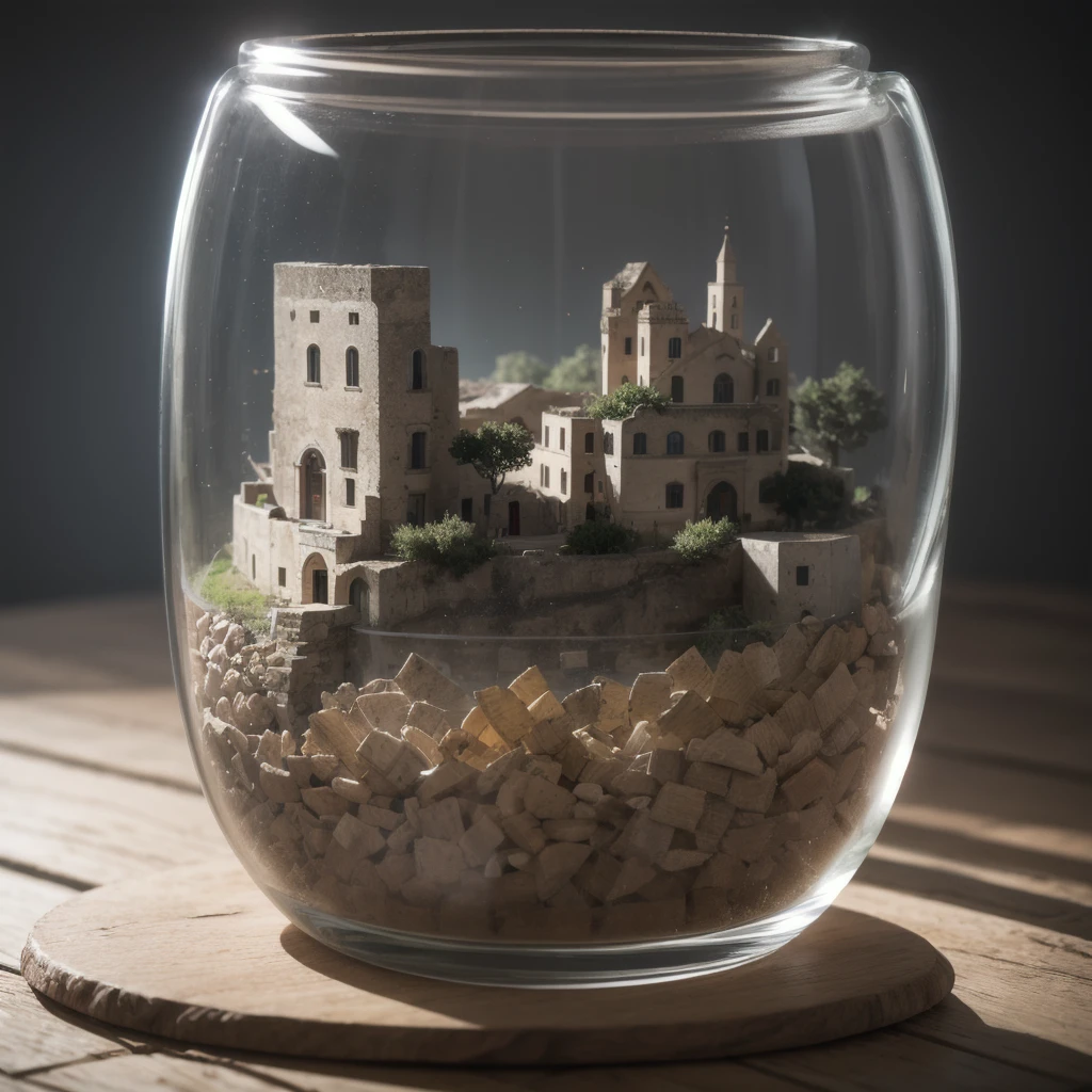 Micro-town Matera trapped in a jar, atmospheric oliva lighting, on the table, 4k UHD, dark vibes, hyper detailed, vibrant colours forest background, epic composition, octane render, sharp focus, high resolution isometric, (film grain:1.3), The light is sparkling, high quality photography, 3 point lighting, flash with softbox, 4k, Canon EOS R3, hdr, smooth, sharp focus, high resolution, award winning photo, 80mm, f2.8, bokeh, (((sassi_di_matera)))