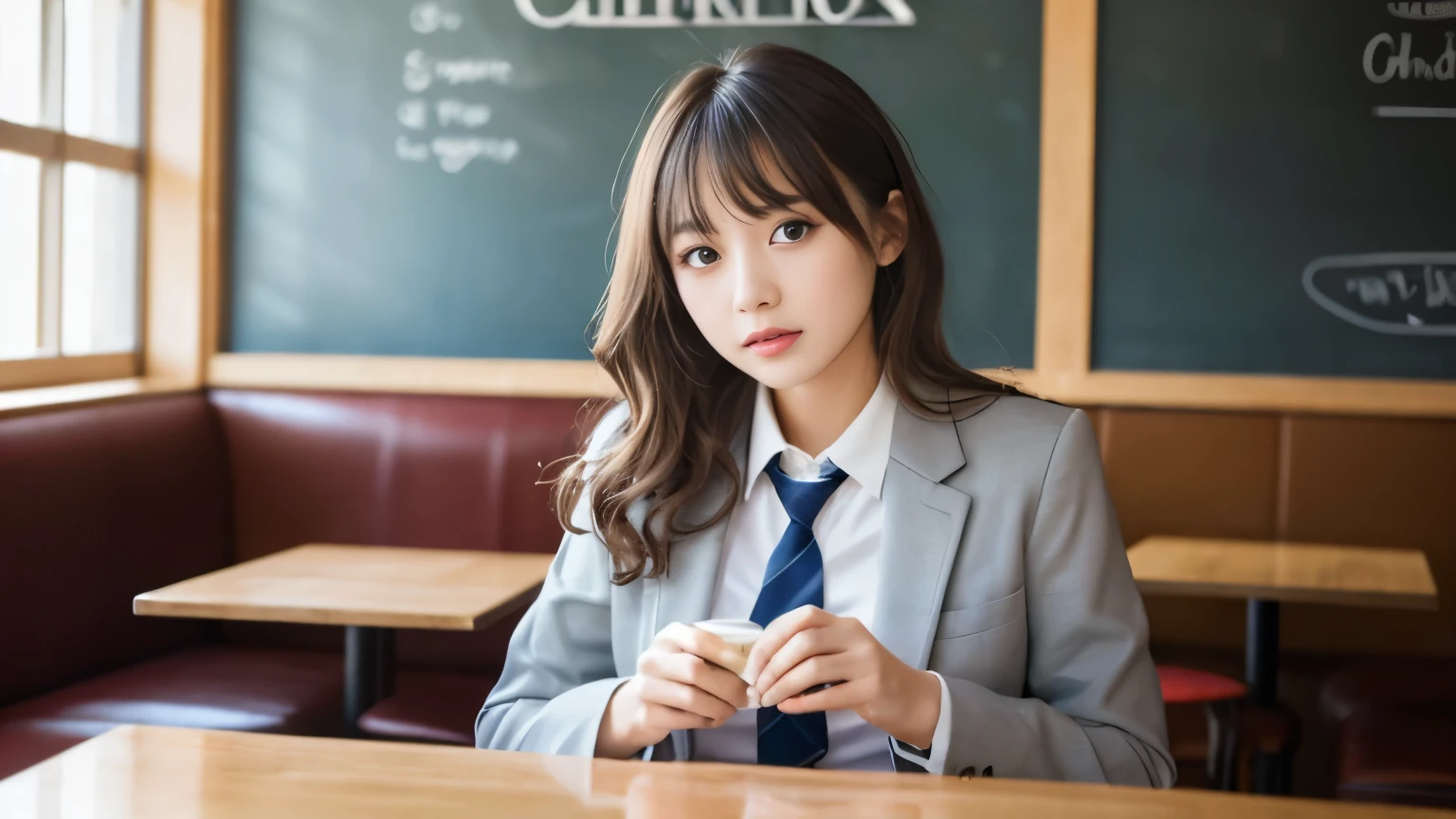 8K, highest quality, real image, intricate details, Super detailed, ultra high resolution, depth field,(realistic,realistic:1.2),table top , front shot , Photographed at a stylish cafe , girl, とても美しい17歳のgirl, innocent big eyes,、beautiful breasts:1.5、highly detailed eyes:1.2)、wavy hair、curly hair、bangs、, perfect skin, Fair skin, tight waist, light blush, look at the viewer,((School_uniform),(blazer), (white shirt、wear a tie), (gray pleated skirt), (sculpture installation :1.1), urban cafe space, Customers enjoying cafe around